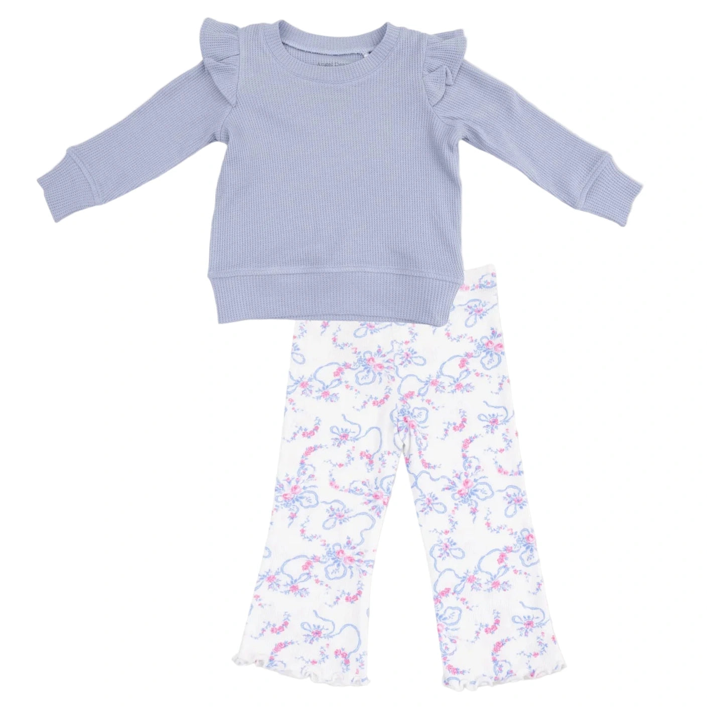 The Angel Dear Girls' Ruffle Shoulder Waffle Shirt in soft lavender pairs perfectly with matching ribbed flare pants, both featuring a charming pink and blue floral pattern.