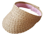 The Snapper Rock Lala Braid Visor features a plaited brim, pink inner lining, and open top, offering stylish sun protection and face shading.