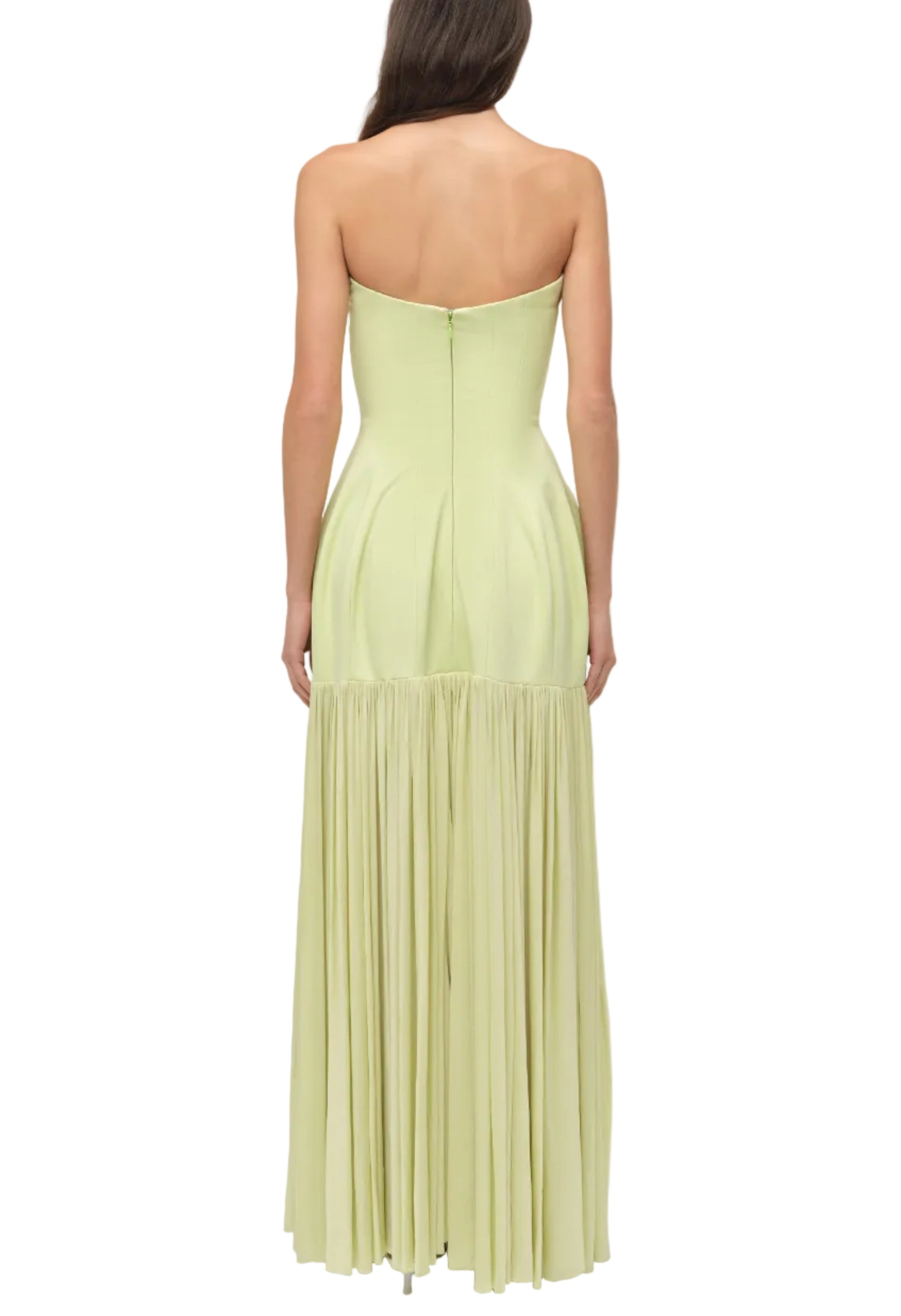 A woman is seen from the back against a white background wearing the Simkhai Sandrine Dress, a strapless maxi in pale yellow with a paneled bodice, highlighting its elegant and elongated silhouette.