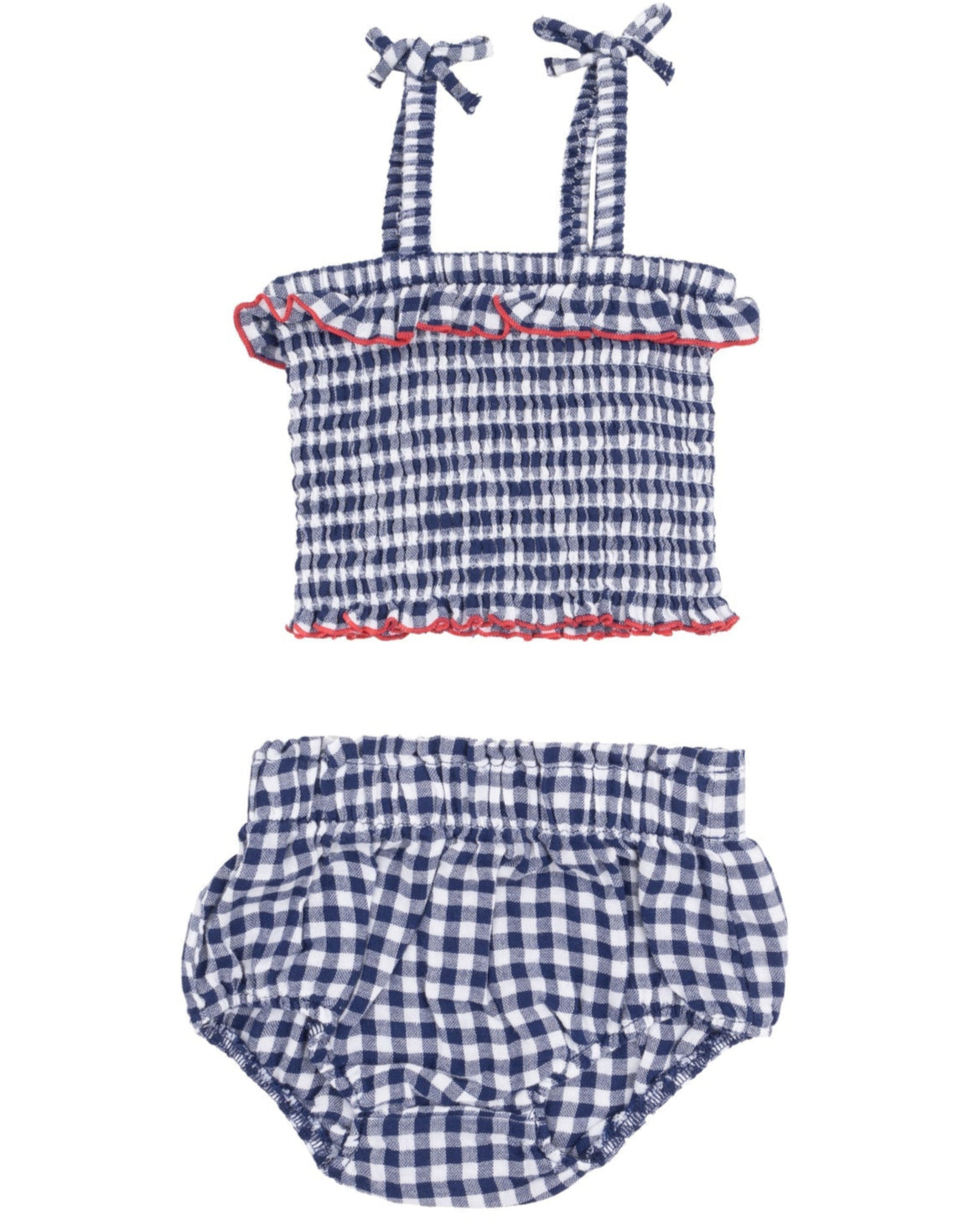 The Angel Dear Baby Girls' Muslin Smocked Ruffle Top & Bloomer set features a blue and white gingham sleeveless top with red trim, shoulder ties, and matching bloomers, all made from soft organic muslin.
