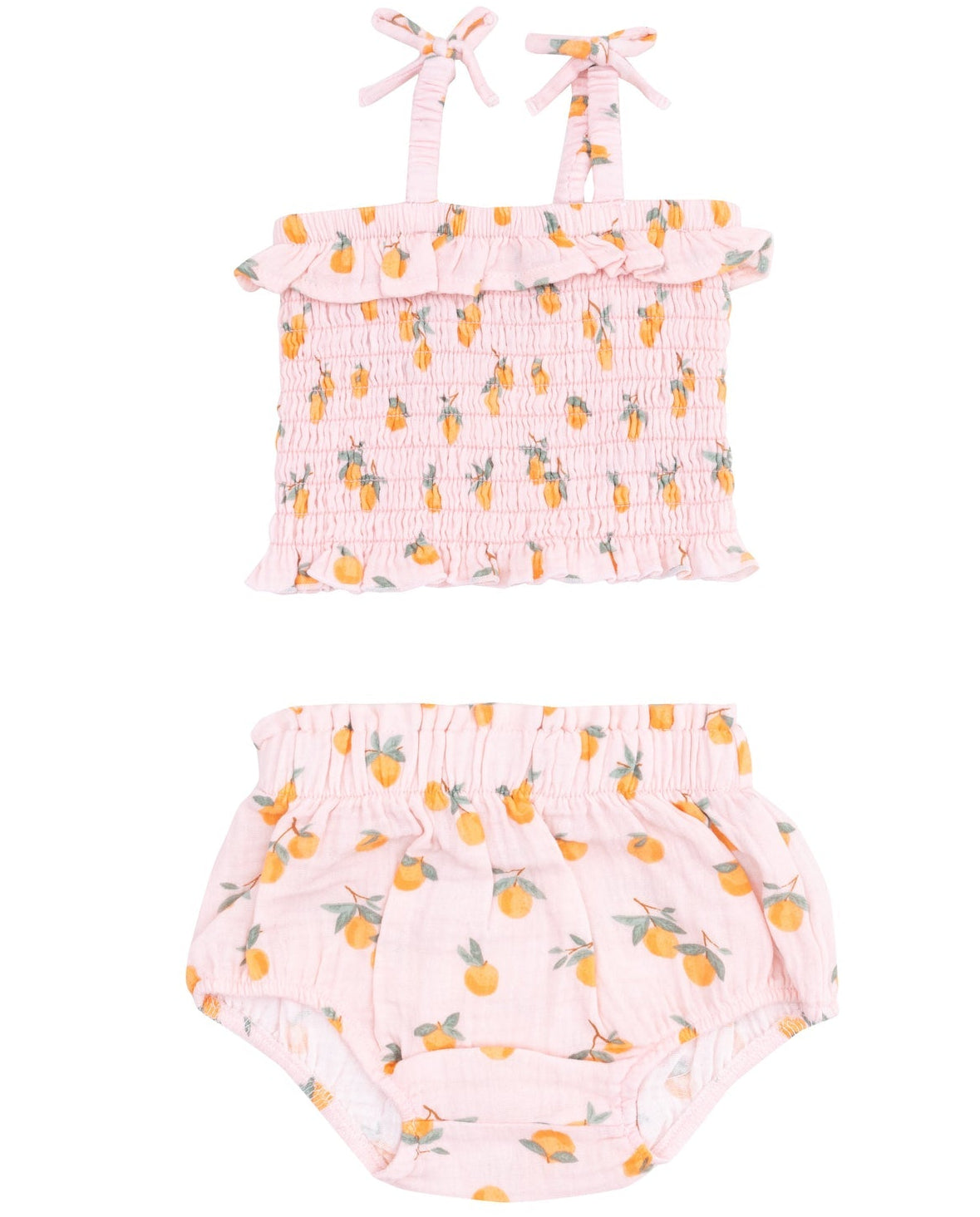 The Angel Dear Baby Girls' Muslin Smocked Ruffle Top & Bloomer set features organic muslin fabric, a smocked ruffle top with shoulder ties, matching bloomers, and a playful yellow fruit print.
