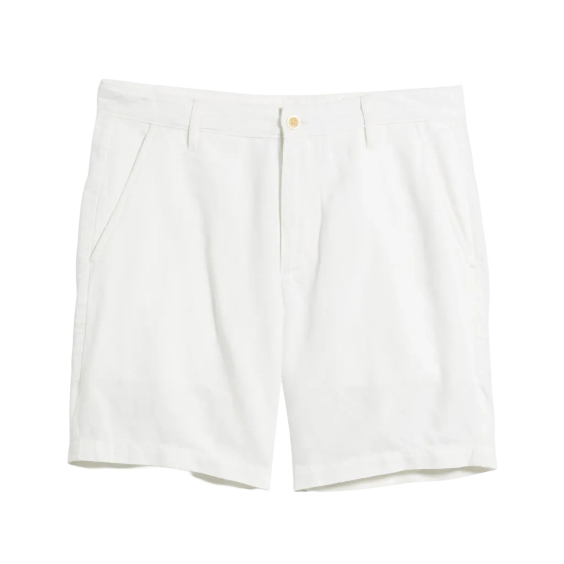 A pair of AG Jeans Wanderer Shorts Linen in crisp white, featuring a slim cut, belt loops, side pockets, and a button closure—perfect for warm weather—displayed against a white background.