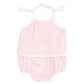 The Angel Dear Baby Girls' Bamboo Swing Front Sunsuit with Applique features pink and white mini gingham, white trim, shoulder tie straps, lightweight fabric, gathered leg openings, and playful daisy appliqués.