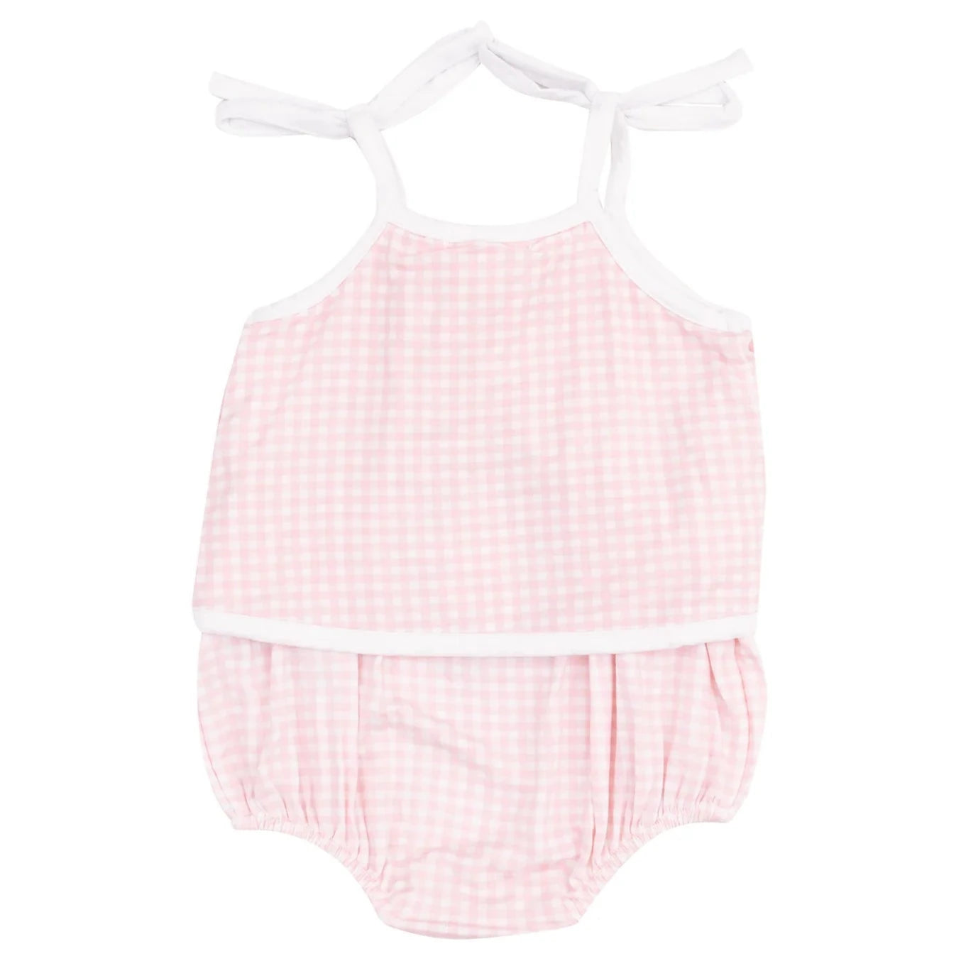 The Angel Dear Baby Girls' Bamboo Swing Front Sunsuit with Applique features pink and white mini gingham, white trim, shoulder tie straps, lightweight fabric, gathered leg openings, and playful daisy appliqués.