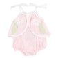 The Angel Dear Baby Girls' Bamboo Swing Front Sunsuit with Applique features pink gingham, white shoulder ties, daisy appliqués, green leaf accents, and bottom snap closures for easy changes. Made from lightweight bamboo for all-day comfort.
