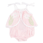 The Angel Dear Baby Girls' Bamboo Swing Front Sunsuit with Applique features pink gingham, white shoulder ties, daisy appliqués, green leaf accents, and bottom snap closures for easy changes. Made from lightweight bamboo for all-day comfort.