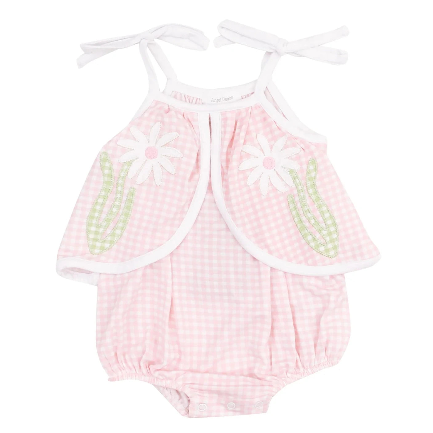 The Angel Dear Baby Girls' Bamboo Swing Front Sunsuit with Applique features pink gingham, white shoulder ties, daisy appliqués, green leaf accents, and bottom snap closures for easy changes. Made from lightweight bamboo for all-day comfort.