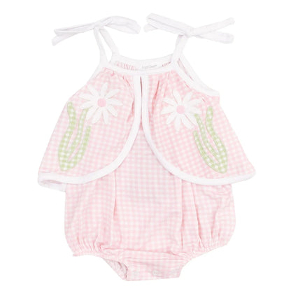 The Angel Dear Baby Girls' Bamboo Swing Front Sunsuit with Applique features pink gingham, white shoulder ties, daisy appliqués, green leaf accents, and bottom snap closures for easy changes. Made from lightweight bamboo for all-day comfort.