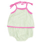 The Angel Dear Baby Girls' Bamboo Swing Front Sunsuit with Applique features green and white mini gingham, pink trim, daisy appliqués, tie straps, and elastic leg openings—all in lightweight bamboo fabric for comfort.