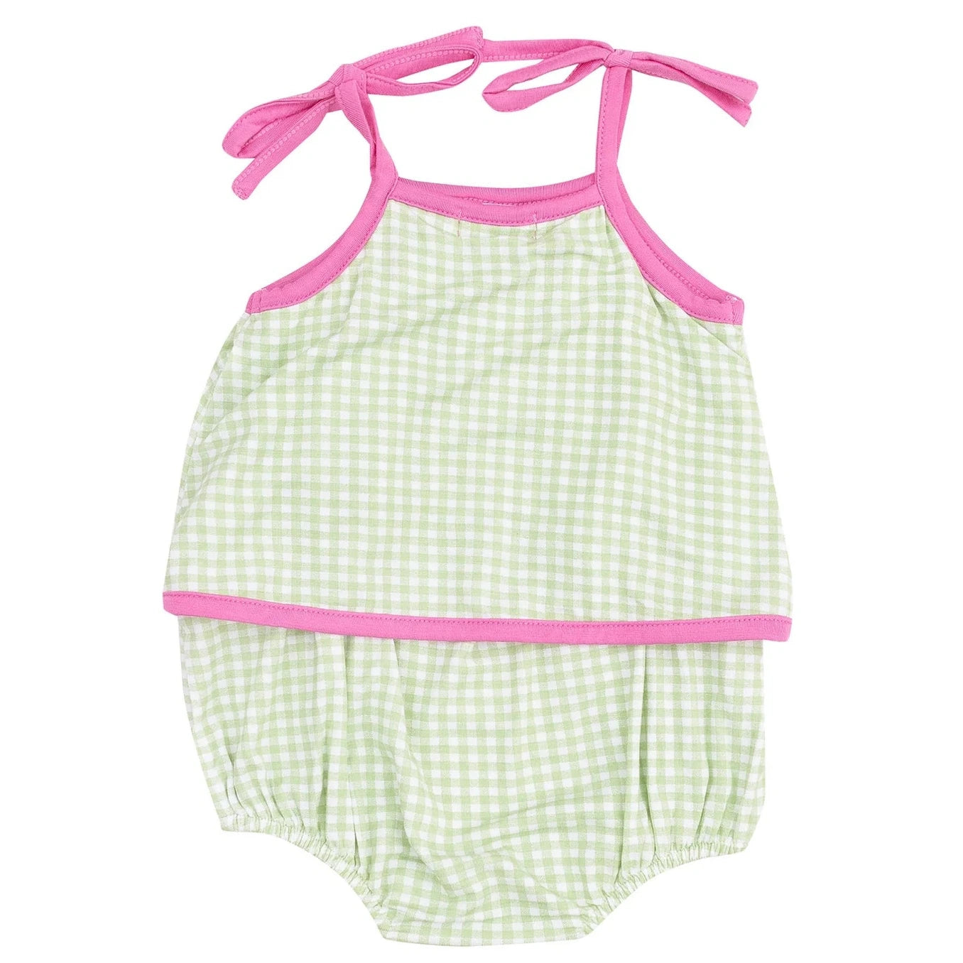 The Angel Dear Baby Girls' Bamboo Swing Front Sunsuit with Applique features green and white mini gingham, pink trim, daisy appliqués, tie straps, and elastic leg openings—all in lightweight bamboo fabric for comfort.