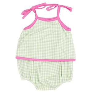 The Angel Dear Baby Girls' Bamboo Swing Front Sunsuit with Applique features green and white mini gingham, pink trim, daisy appliqués, tie straps, and elastic leg openings—all in lightweight bamboo fabric for comfort.