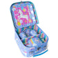 Open pastel-colored suitcase showcasing the Floss and Rock Fantasy 7-Piece Tin Tea Set, adorned with charming zebra and unicorn illustrations; includes cups, saucers, and a matching tray—ideal for imaginative play in a whimsical, colorful setting.