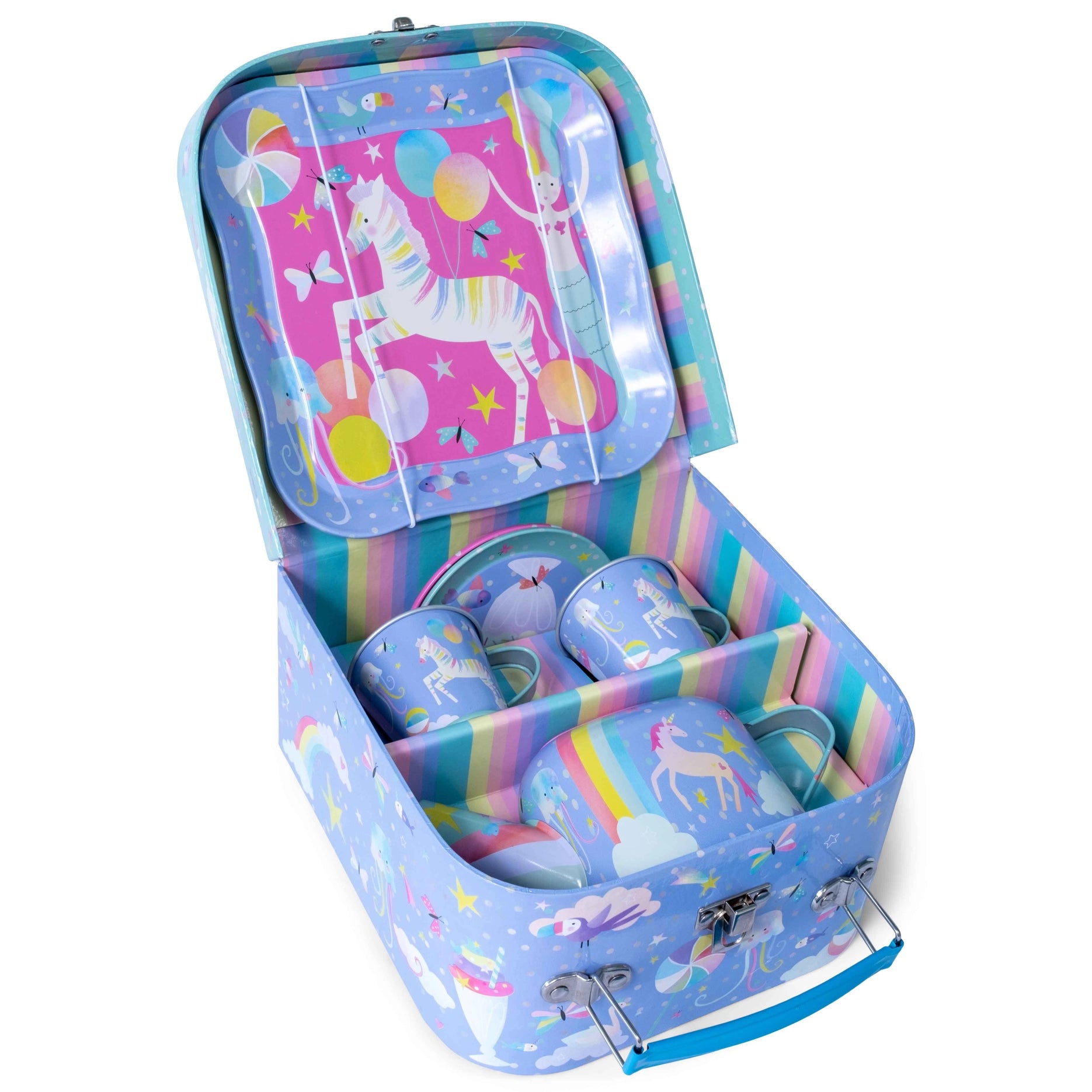 Open pastel-colored suitcase showcasing the Floss and Rock Fantasy 7-Piece Tin Tea Set, adorned with charming zebra and unicorn illustrations; includes cups, saucers, and a matching tray—ideal for imaginative play in a whimsical, colorful setting.