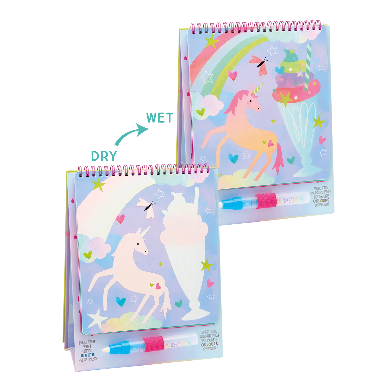 The Floss and Rock Fantasy Easel Watercard and Pen set includes two spiral-bound coloring pads featuring unicorn illustrations; one is a magic water easel pad that reveals vibrant colors when brushed with the included water pen, making it a reusable and portable art set for kids.