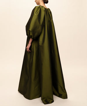Bernadette George dress in olive green, featuring a floor-length A-line silhouette and voluminous puff sleeves crafted from signature taffeta.