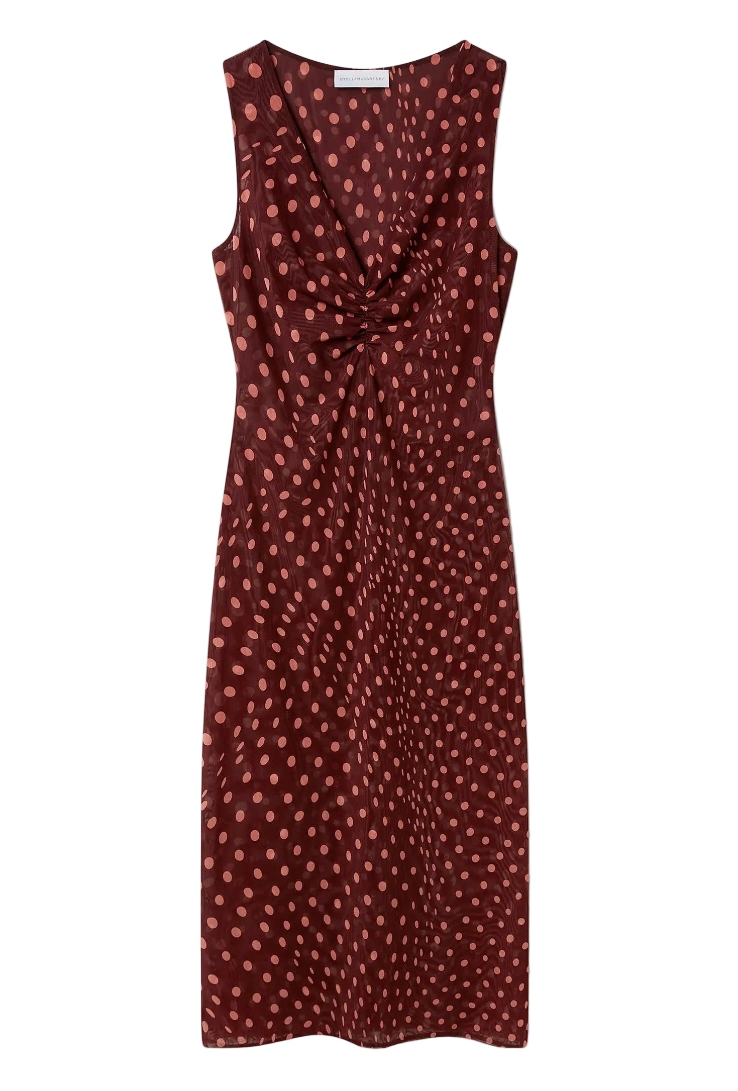The Stella McCartney Polka Dot Mesh V-Neck Midi Dress is a sleeveless maroon dress adorned with pink polka dots, showcasing a twisted knot detail at the chest and a knee-length hem, expertly crafted from stretch polyamide for a flattering fit.