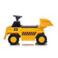 The Freddo 6V CAT Dump Truck Ride-On features a vibrant yellow design with black wheels and a steering wheel, shown from the side against a white background—making it the perfect construction ride-on toy for little builders.