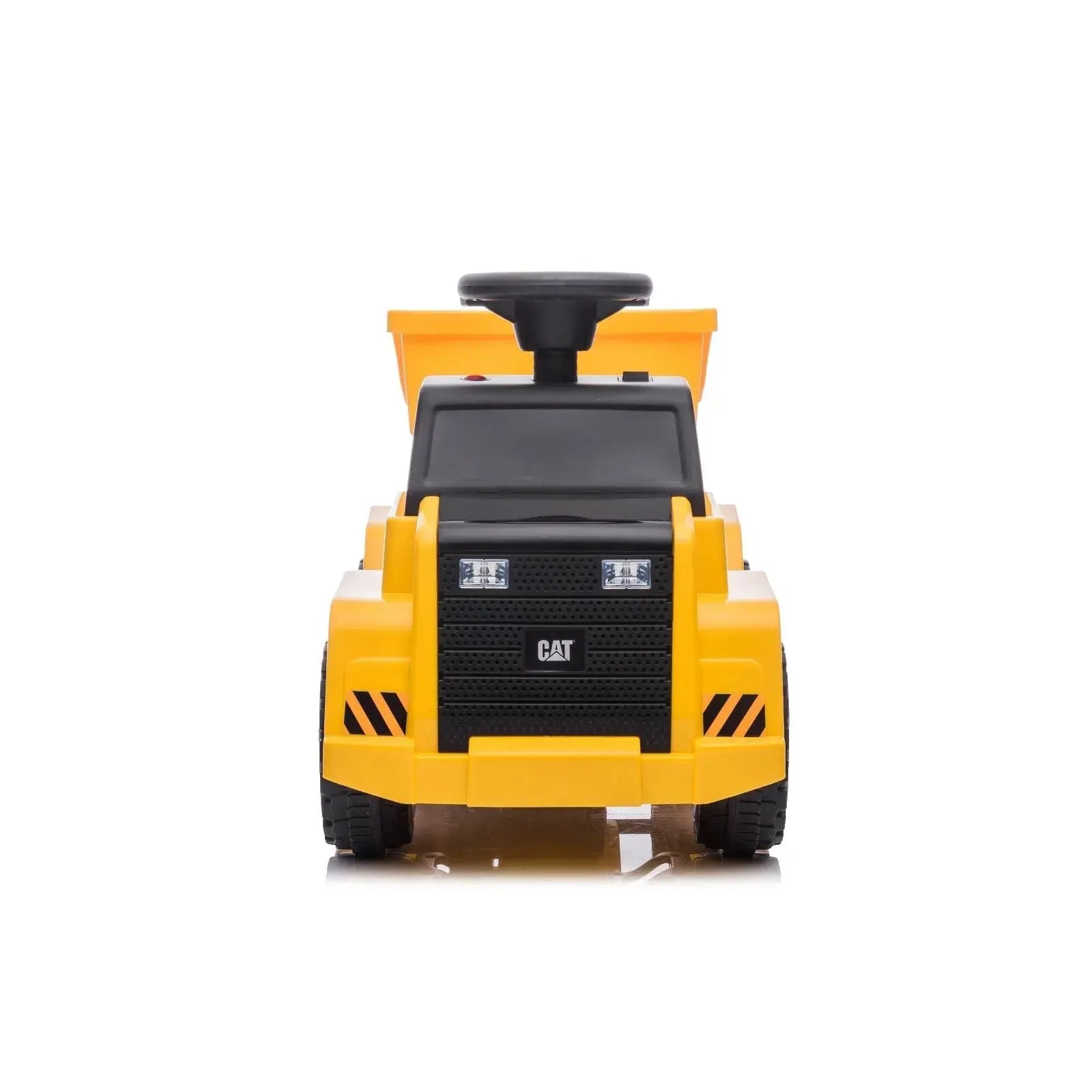 Front view of the Freddo 6V CAT Dump Truck Ride-On in yellow, featuring black wheels, a steering wheel, and the CAT logo on the front, photographed against a white background—the perfect ride-on toy for toddlers who love construction play and imaginative worksites.