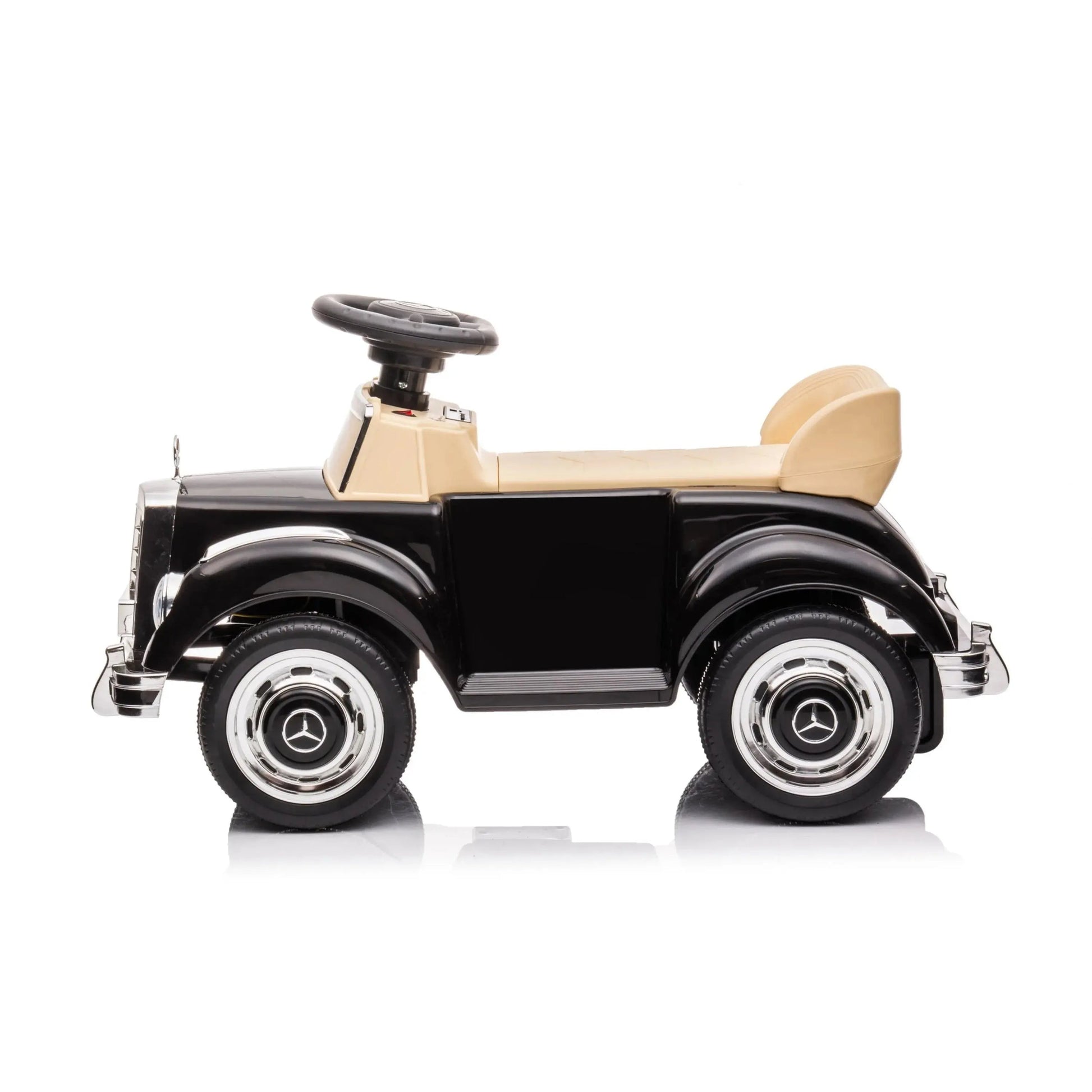 Black and beige Freddo Mercedez Benz 300S Mini Ride-On, featuring a steering wheel, shown in profile view on a white background.