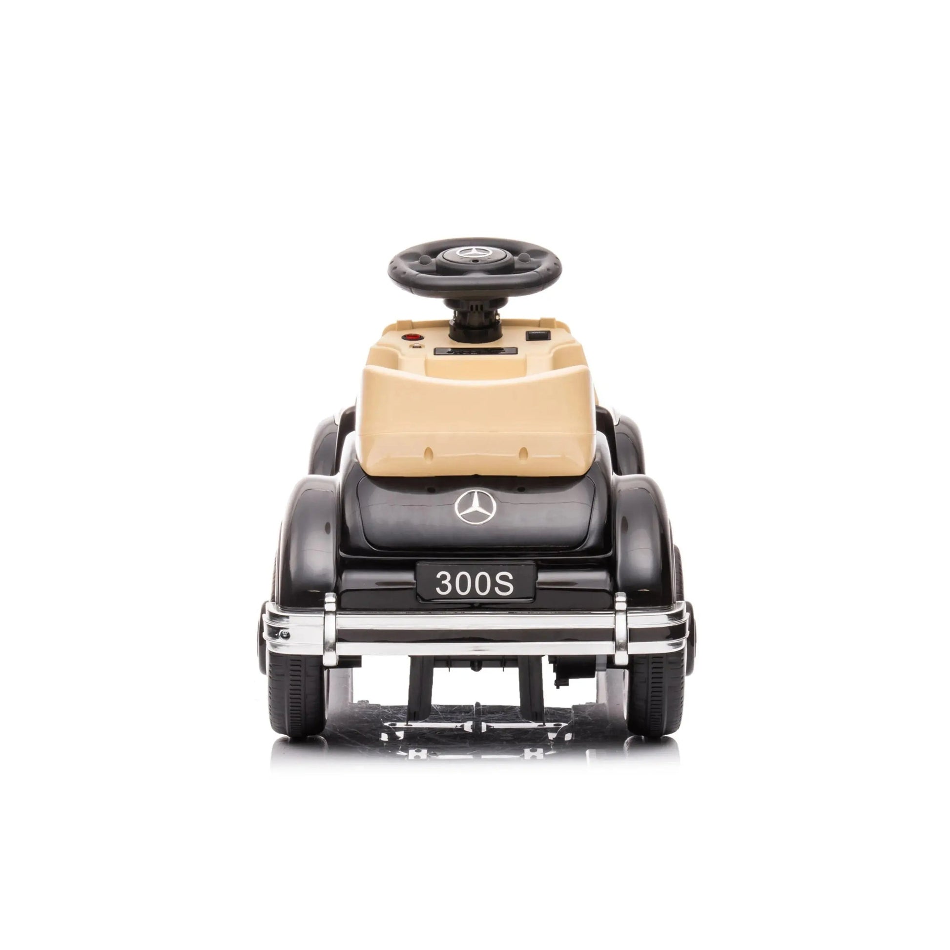 A black and beige Freddo Mercedez Benz 300S Mini Ride-On is displayed from the front against a white background.