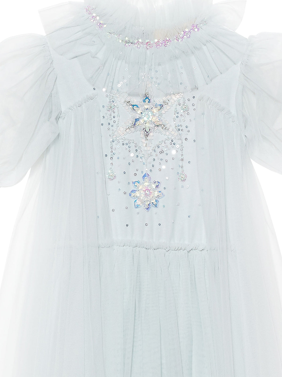 Transform your little one into a true ice queen with the Girls’ Snow Queen Tutu Dress by Tutu du Monde. This enchanting light blue tulle dress features puffed sleeves, a ruffled collar, and sparkling sequin star embellishments on the chest. The layered tulle skirt creates extra volume for twirl-worthy flair—the perfect choice for bringing her Snow Queen dreams to life.
