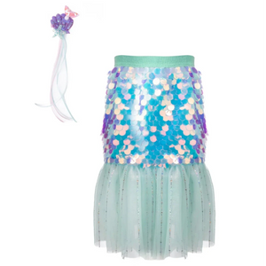 The Great Pretenders Bling Bling Mermaid Skirt & Hairclip Set features a blue and purple sequin skirt with a green tulle bottom, plus a matching star hairclip—perfect for mermaid dress-up fun.
