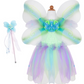 A child's Great Pretenders Butterfly Dress with Wings and Wand, with iridescent wings, a dress with pastel shades of blue, green, and purple, and a matching wand with ribbons.