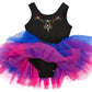 The Anna Northern Lights Ballet Tutu Dress by Great Pretenders is a child’s black leotard adorned with floral embroidery and features an attached tutu skirt made of blue and pink tulle layers, all beautifully displayed on a white background—an enchanting choice for little ones who dream of their own fairy tale costume.