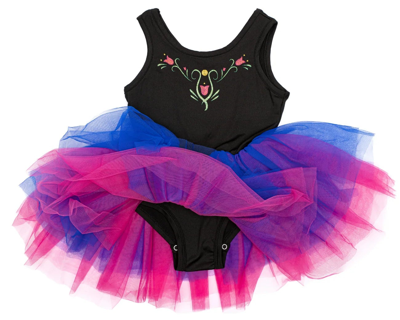 The Anna Northern Lights Ballet Tutu Dress by Great Pretenders is a child’s black leotard adorned with floral embroidery and features an attached tutu skirt made of blue and pink tulle layers, all beautifully displayed on a white background—an enchanting choice for little ones who dream of their own fairy tale costume.