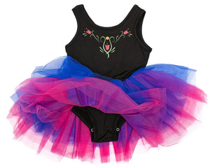 The Anna Northern Lights Ballet Tutu Dress by Great Pretenders is a child’s black leotard adorned with floral embroidery and features an attached tutu skirt made of blue and pink tulle layers, all beautifully displayed on a white background—an enchanting choice for little ones who dream of their own fairy tale costume.