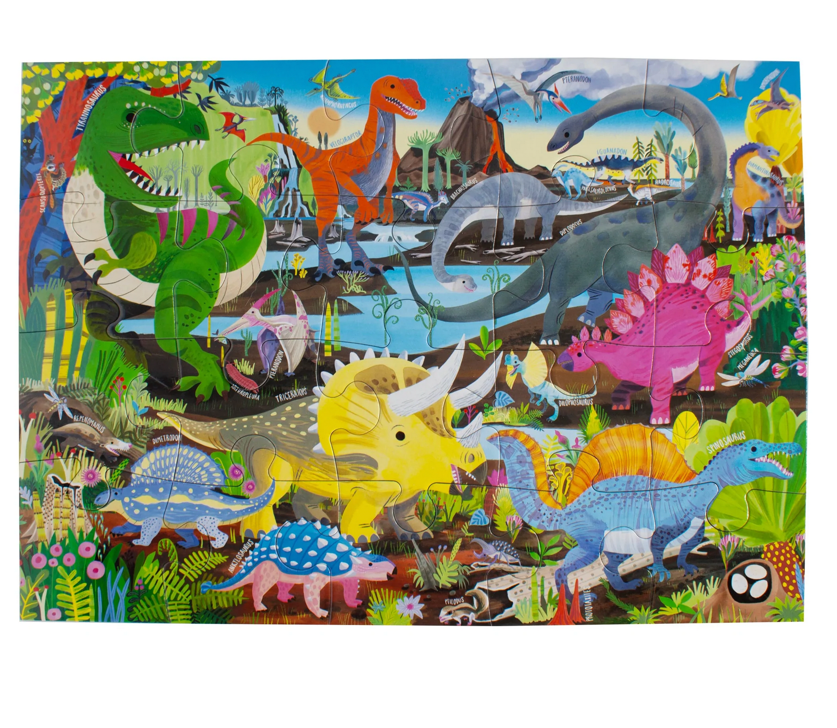 The eeboo Dinosaur Land 20 Piece Puzzle by Eeboo features a vibrant illustration of dinosaurs set in a prehistoric landscape, complete with lively plants, trees, and a smoking volcano. This puzzle provides an engaging hand-eye coordination challenge.