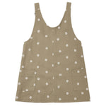 Rylee & Cru Girls’ V-Neck Overall Dress in khaki, detailed with adjustable straps, two front patch pockets, and an allover small white floral print.