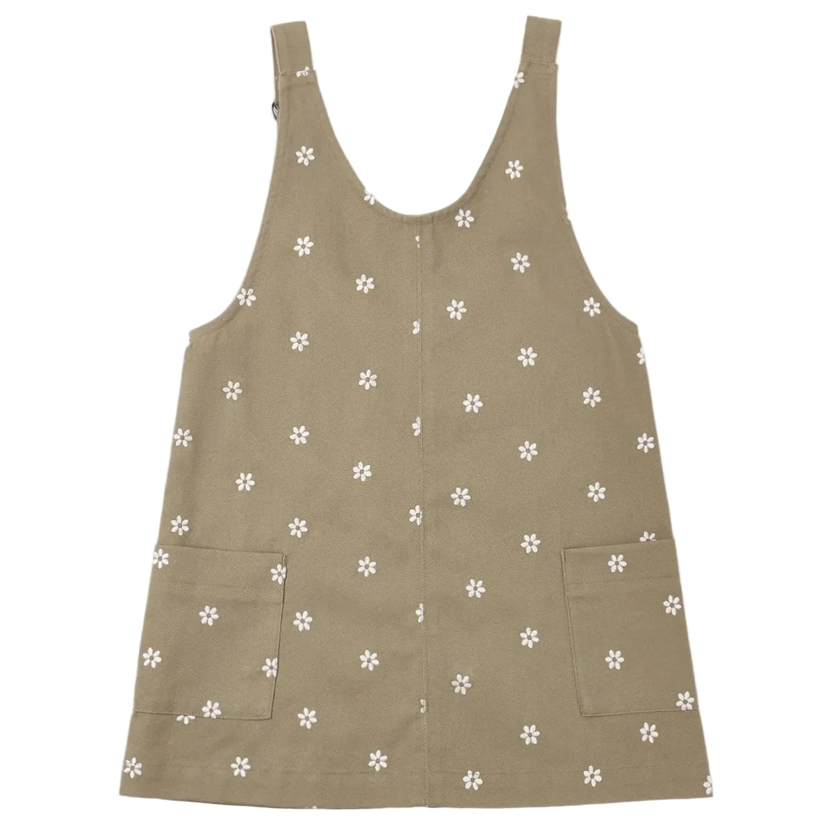 Rylee & Cru Girls’ V-Neck Overall Dress in khaki, detailed with adjustable straps, two front patch pockets, and an allover small white floral print.