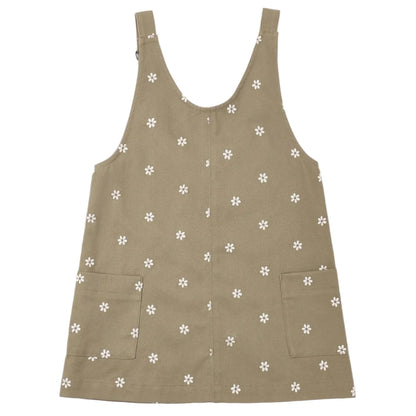 Rylee & Cru Girls’ V-Neck Overall Dress in khaki, detailed with adjustable straps, two front patch pockets, and an allover small white floral print.
