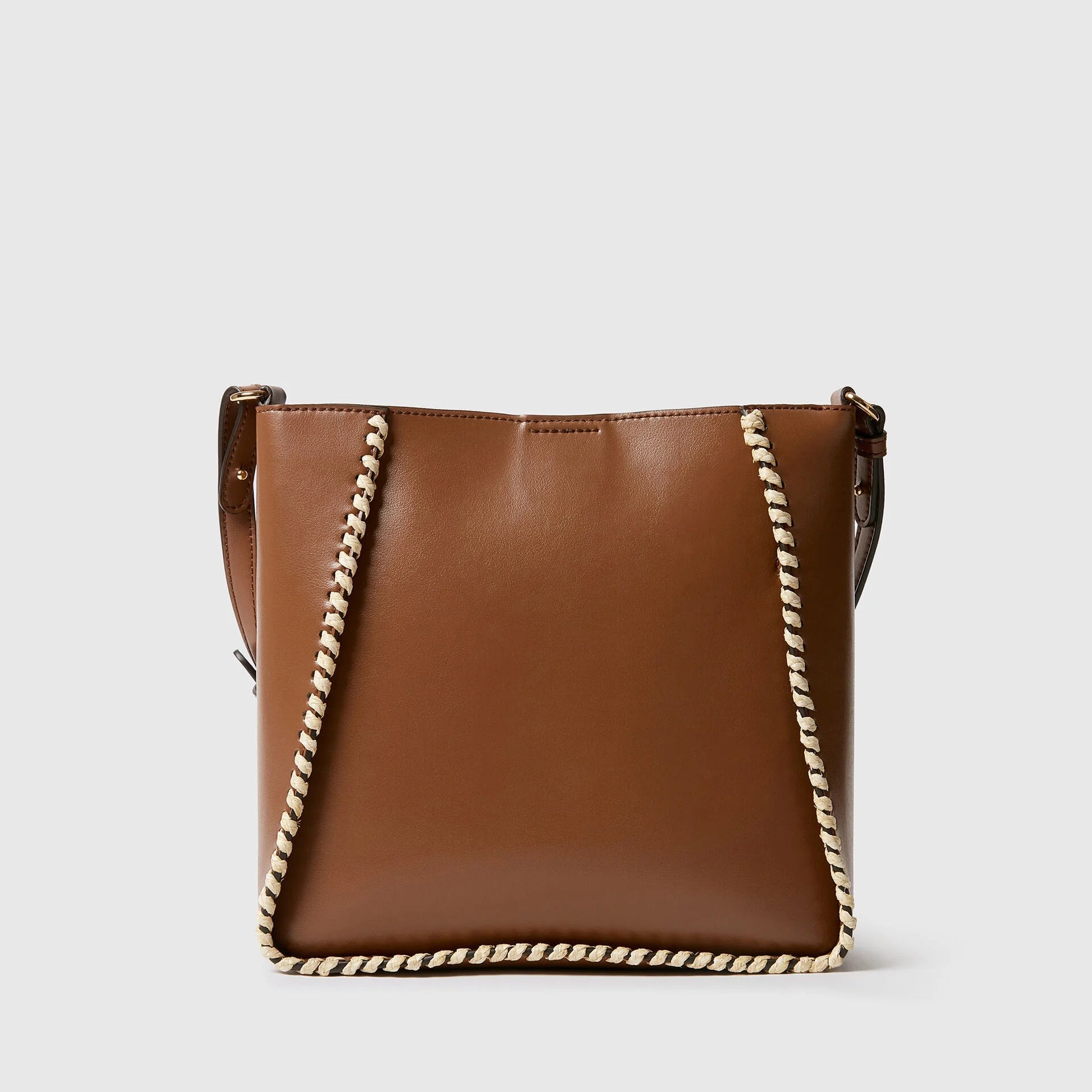 The Stella McCartney Logo Raffia Trim Crossbody Bag features a gold chain strap and a chic, square-shaped design—ideal for anyone seeking an elegant vegan crossbody bag.