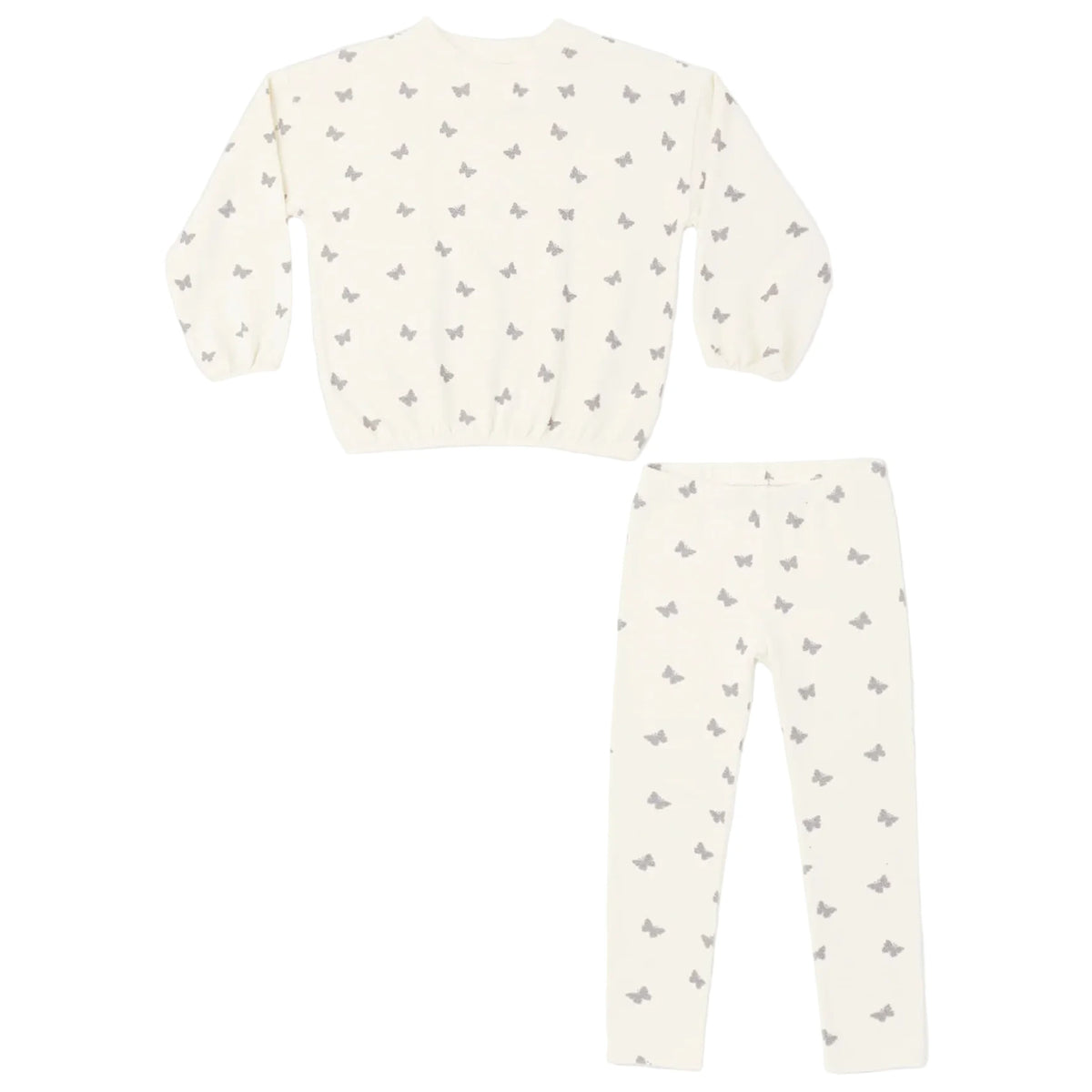 The Rylee & Cru Baby Girls’ and Girls’ Spongey Knit Set is a two-piece pajama ensemble featuring a long-sleeve pullover sweatshirt and snug leggings, both in white with a scattered gray butterfly pattern.
