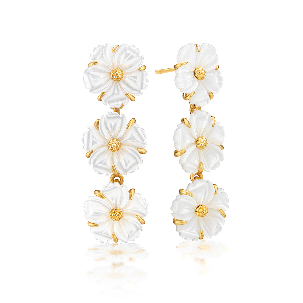 The Mermaid Garden Petite Linear Earrings by Juliska Capucine De Wulf feature three-layered gold and white mother of pearl flowers with gold centers and accents—perfect spring jewelry.
