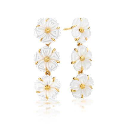 The Mermaid Garden Petite Linear Earrings by Juliska Capucine De Wulf feature three-layered gold and white mother of pearl flowers with gold centers and accents—perfect spring jewelry.