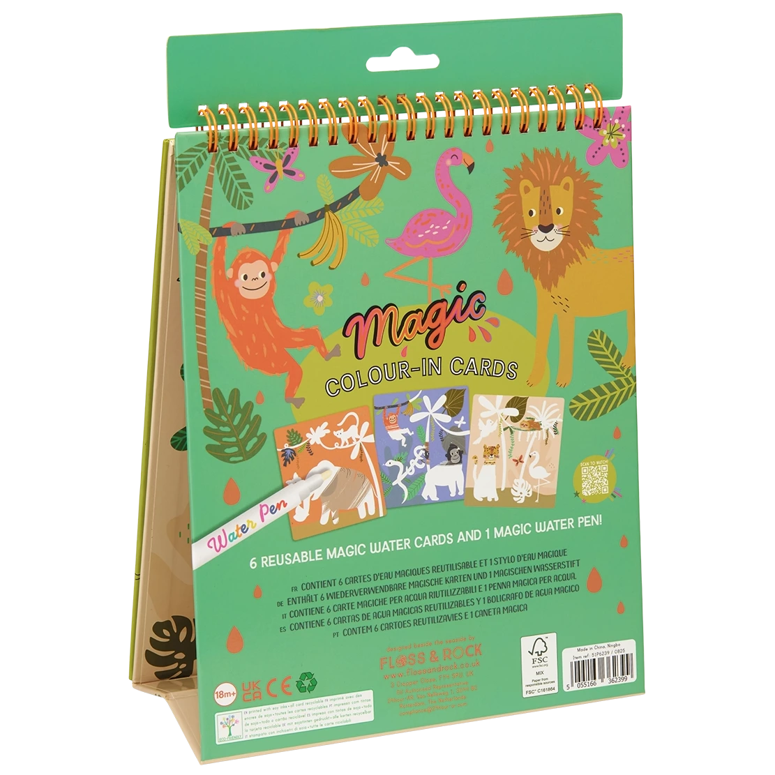 The Floss and Rock Magic Color Changing Watercard Easel and Pen - Jungle is a green, spiral-bound kids’ art set featuring playful animal illustrations, including a lion, flamingo, and monkey on the cover. Inside are 6 reusable magic water cards and 1 water pen, making this portable coloring pad a fun and convenient way for children to enjoy creative play anywhere.