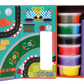 Open box reveals Floss and Rock’s Cars Clay & Play set, featuring vibrant play dough containers stacked beside a racing-themed play mat with track, finish line, and “zoom” graphics—ideal for creative fun or pairing with an air-dry clay sculpting kit.