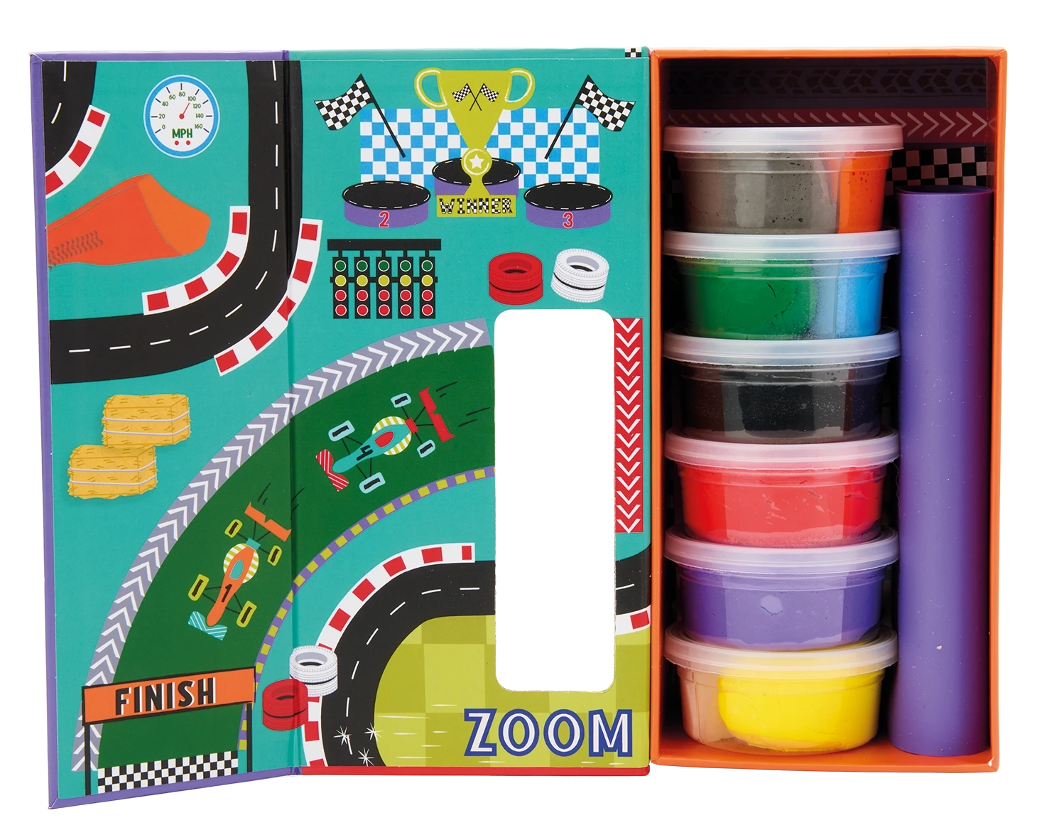Open box reveals Floss and Rock’s Cars Clay & Play set, featuring vibrant play dough containers stacked beside a racing-themed play mat with track, finish line, and “zoom” graphics—ideal for creative fun or pairing with an air-dry clay sculpting kit.