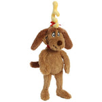 Aurora’s Dr. Seuss Max 16" plush features Max the dog with a brown body, floppy ears, red collar, and a yellow antler tied to his head with a red ribbon.