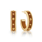 Juliska Capucine De Wulf's Berry Medium Hoop Earrings feature a wood inlay, gold rope borders, and floral stud accents, shown against a white background.