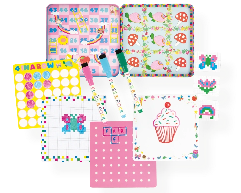 Floss and Rock Magnetic Fun & Games Tin - Rainbow Fairy features assorted colorful activity boards and pens, including games like bingo, tic-tac-toe, 4-in-a-row, pixel art, as well as delightful cupcake, rainbow, and floral bird designs displayed on a white background—perfect for travel games for kids or rainbow fairy toy enthusiasts.