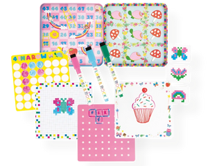 Floss and Rock Magnetic Fun & Games Tin - Rainbow Fairy features assorted colorful activity boards and pens, including games like bingo, tic-tac-toe, 4-in-a-row, pixel art, as well as delightful cupcake, rainbow, and floral bird designs displayed on a white background—perfect for travel games for kids or rainbow fairy toy enthusiasts.