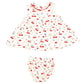 Angel Dear Baby Girls' and Girls' Jill Peter Pan Button Front Dress with ric-rac trim and matching diaper cover, featuring a colorful cherry and floral print.