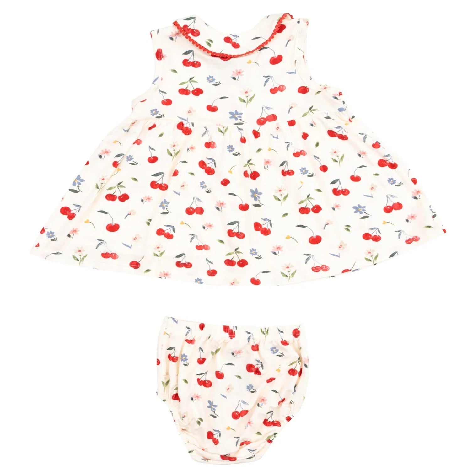 Angel Dear Baby Girls' and Girls' Jill Peter Pan Button Front Dress with ric-rac trim and matching diaper cover, featuring a colorful cherry and floral print.
