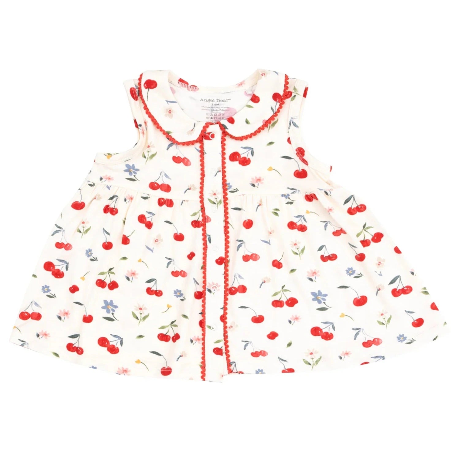 Angel Dear Baby Girls' and Girls' Jill Peter Pan Button Front Dress features a sleeveless white design with cherry and floral print, ric-rac trim on front and collar, a Peter Pan neckline, and comes with a diaper cover.