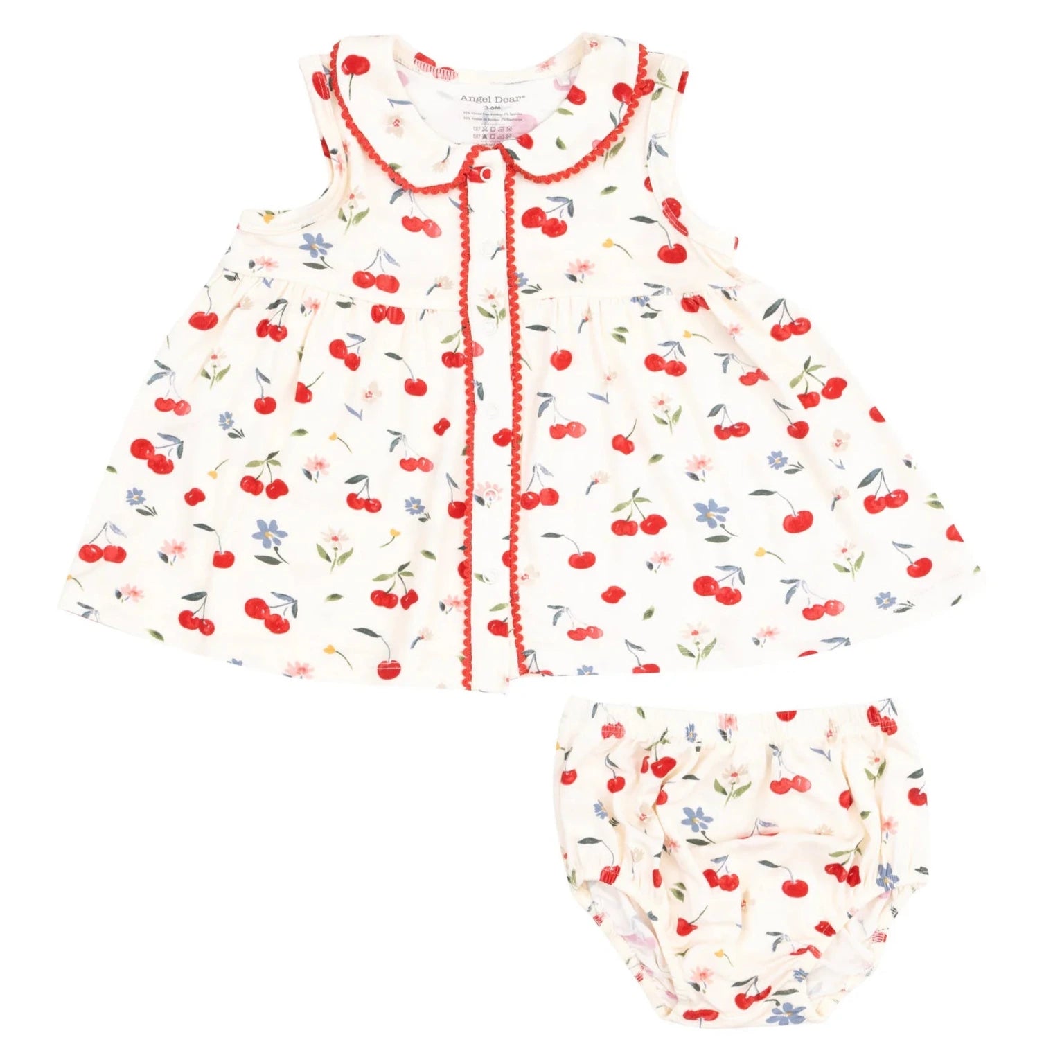 The Angel Dear Baby Girls' and Girls' Jill Peter Pan Button Front Dress with Ric-Rac Trim and Diaper Cover is shown on a white background, featuring a cherry and floral print with scalloped collar detailing.