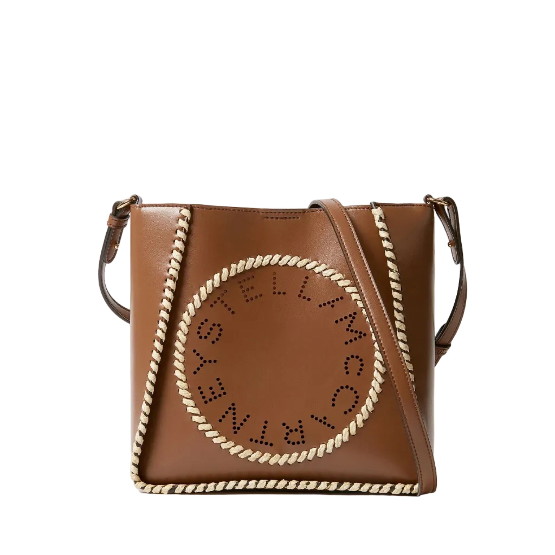 The Stella McCartney Logo Raffia Trim Crossbody Bag features brown vegan leather, cream rope accents, and a front perforated circular "Stella McCartney" logo design.